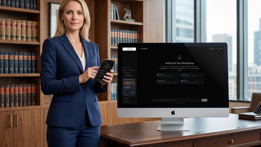 LEXKLAR AI Rechtsintelligenz - Professionelle Anwältin nutzt die LEXKLAR Legal Tech Plattform auf iMac und Smartphone für deutsche Rechtsrecherche und Gesetzesanalyse